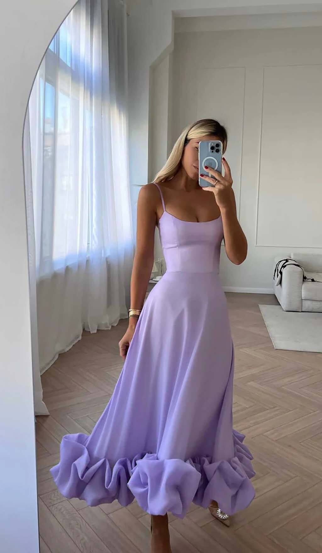 Suspender A-Line Midi Dress In Purple Flowering Girl