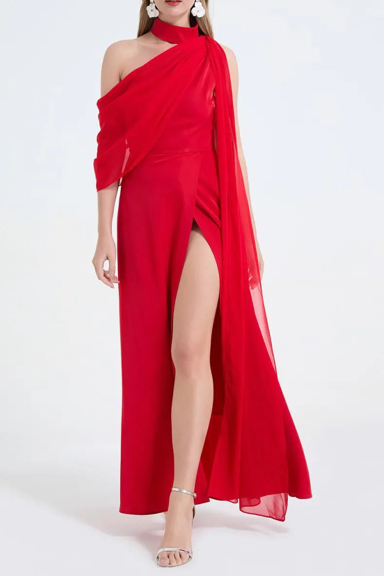 Tammy Tailored One-Shoulder Detachable Collar Maxi Dress In Red Flowering Girl