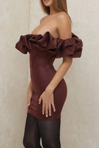 Burgundy Satin Ruffle Strapless Mini Dress Flowering Girl