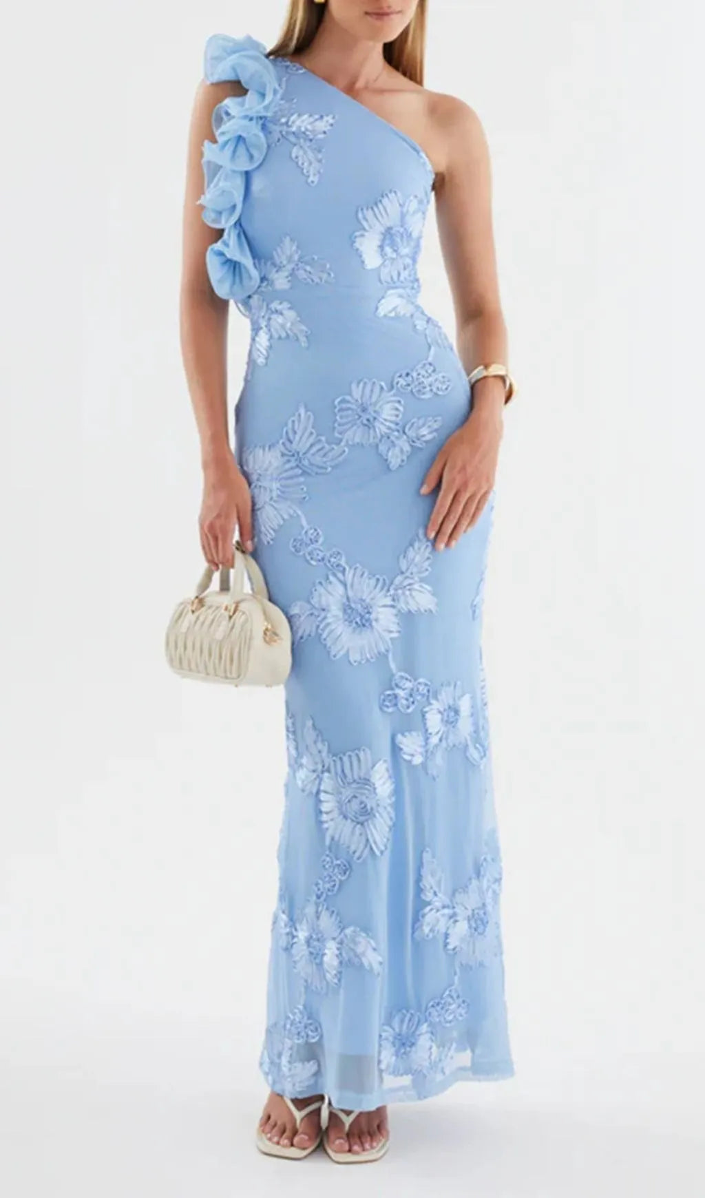 Susie Mesh Embroidered One Shoulder Maxi Dress - Blue Flowering Girl