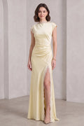 Pale Yellow Satin Column Gown with Lace Trim Flowering Girl