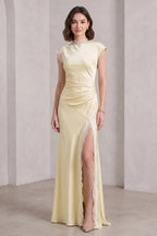 Pale Yellow Satin Column Gown with Lace Trim Flowering Girl