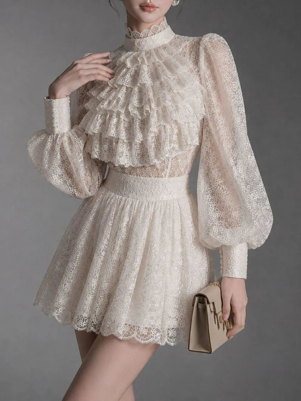 Maxine White Lace Lantern Sleeve Mini Dress Flowering Girl