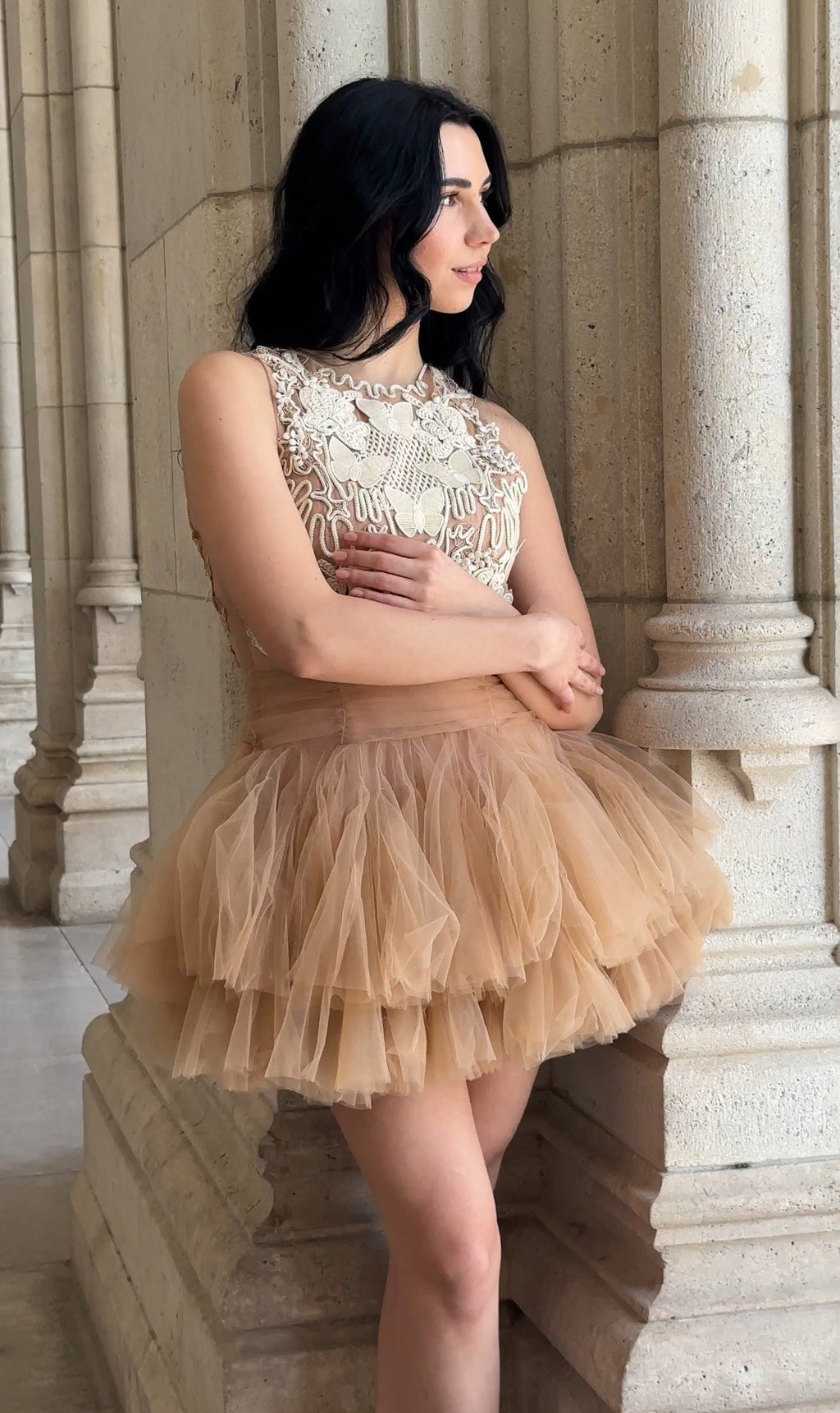 Ballerina | Beige Tulle Mini Dress With 3D Applique Flowering Girl