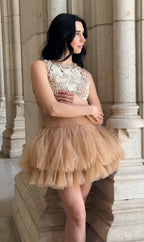 Ballerina | Beige Tulle Mini Dress With 3D Applique Flowering Girl