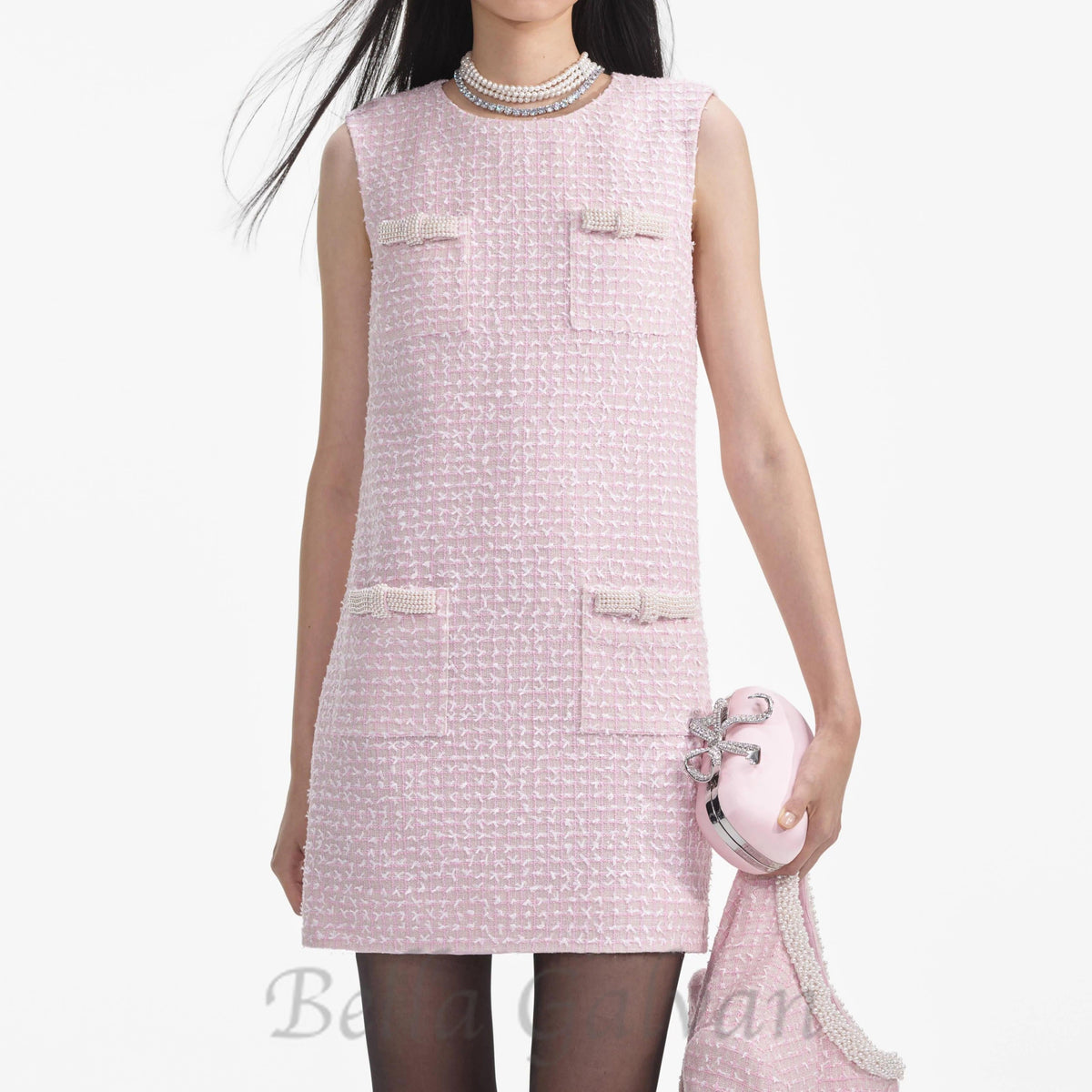 boucle pearl trim mini dress in pink Flowering Girl