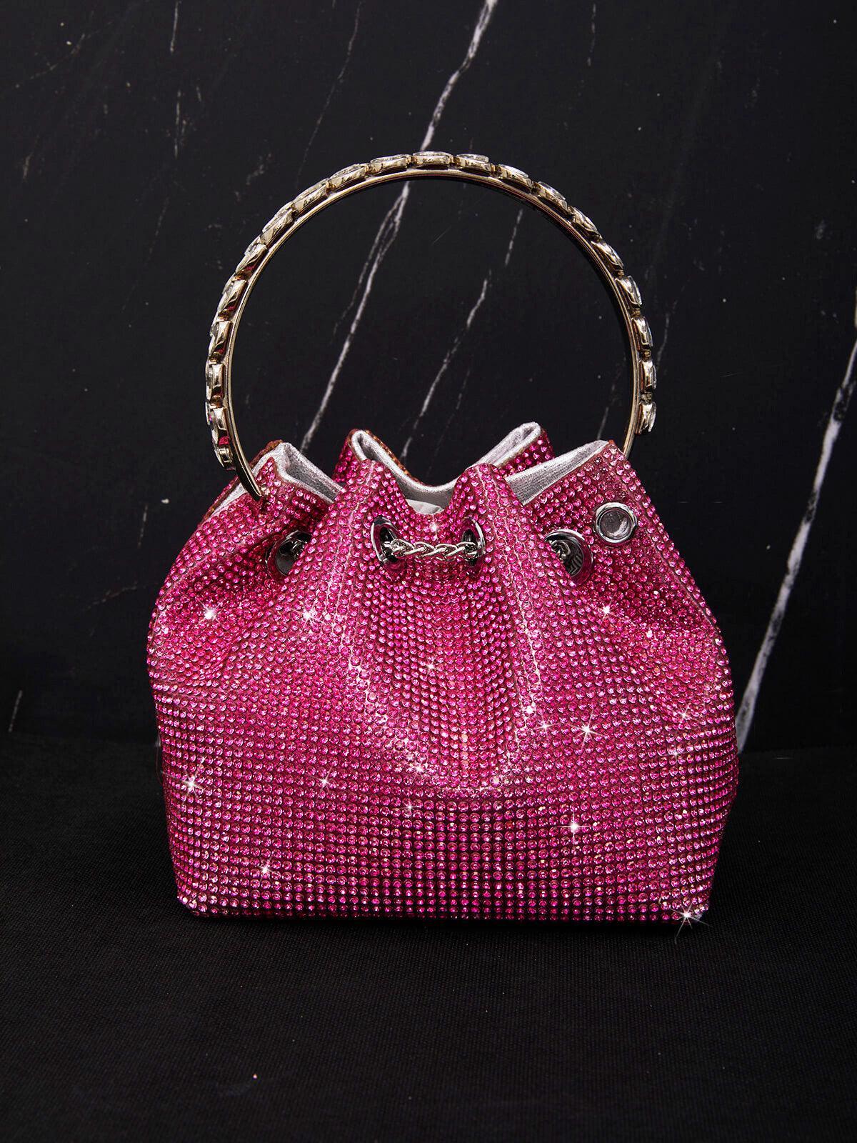 Crystal Embellished Bucket Bag In Hot Pink Flowering Girl