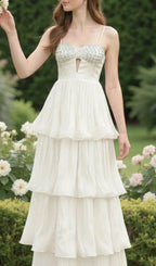 Katherina White Strappy Diamante Layered Maxi Dress Flowering Girl