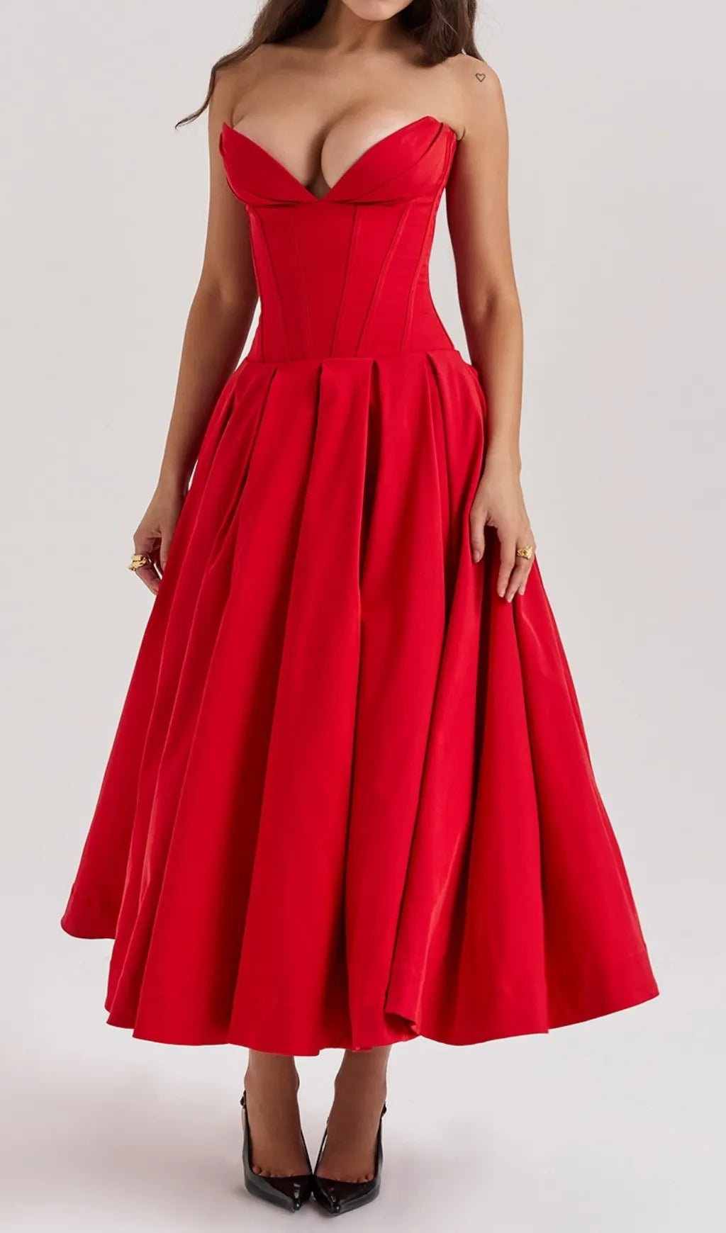 Devani Red Strapless Corset Midi Dress Flowering Girl