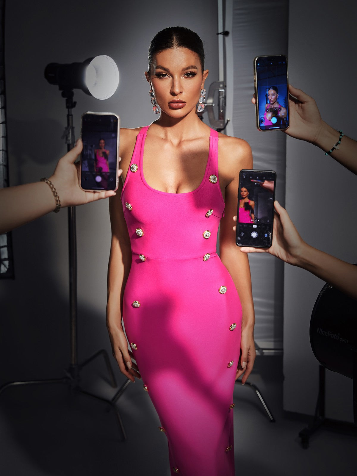 Button Embellished Bandage Dress In Hot Pink