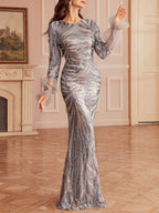 Maya Silver Sequin Long Sleeve Maxi Dress Flowering Girl