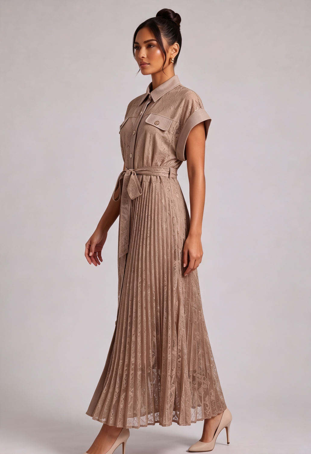 Lace Pleated Midi Shirt Dress With Waist Tie Flowering Girl