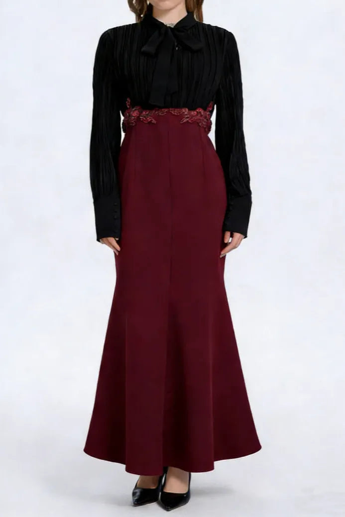 Carlin Balloon Sleeve Ruched Tie Up Midi Dress - Black & Red Flowering Girl