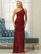 One Shoulder Sequins Maxi Prom Dress Flowering Girl