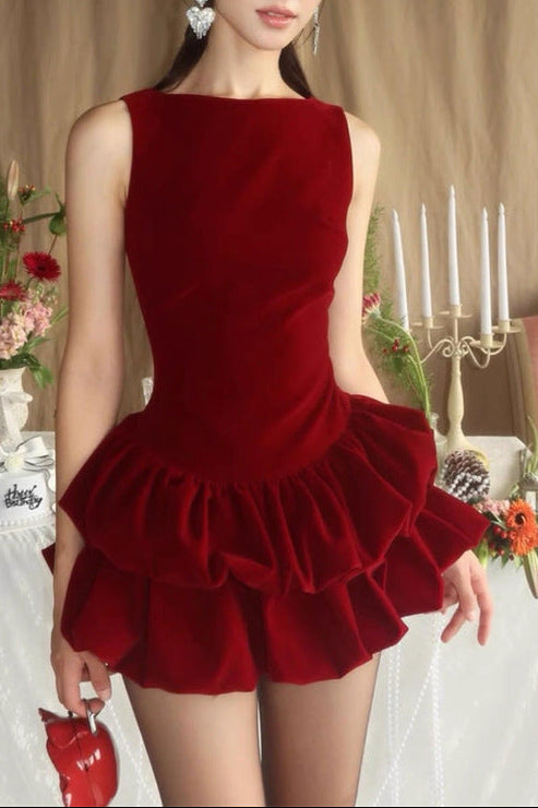 Candance Sleeveless Puffy Velvet Mini Dress In Red Flowering Girl