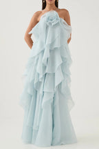 Off-Shoulder Ruffle Layered Maxi Dress In Blue Flowering Girl