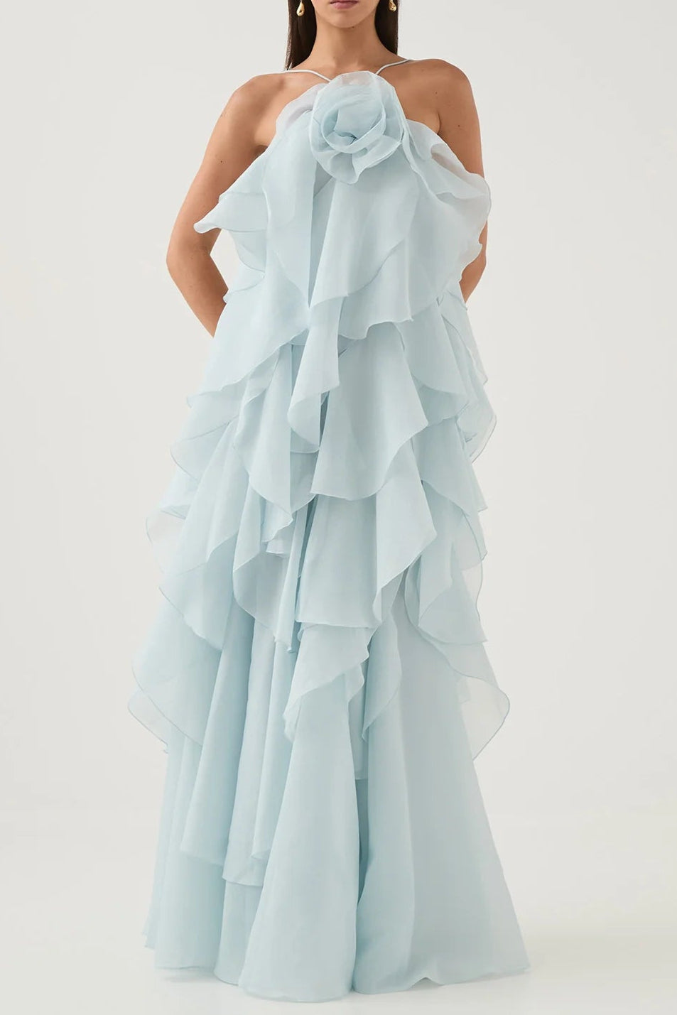 Off-Shoulder Ruffle Layered Maxi Dress In Blue Flowering Girl