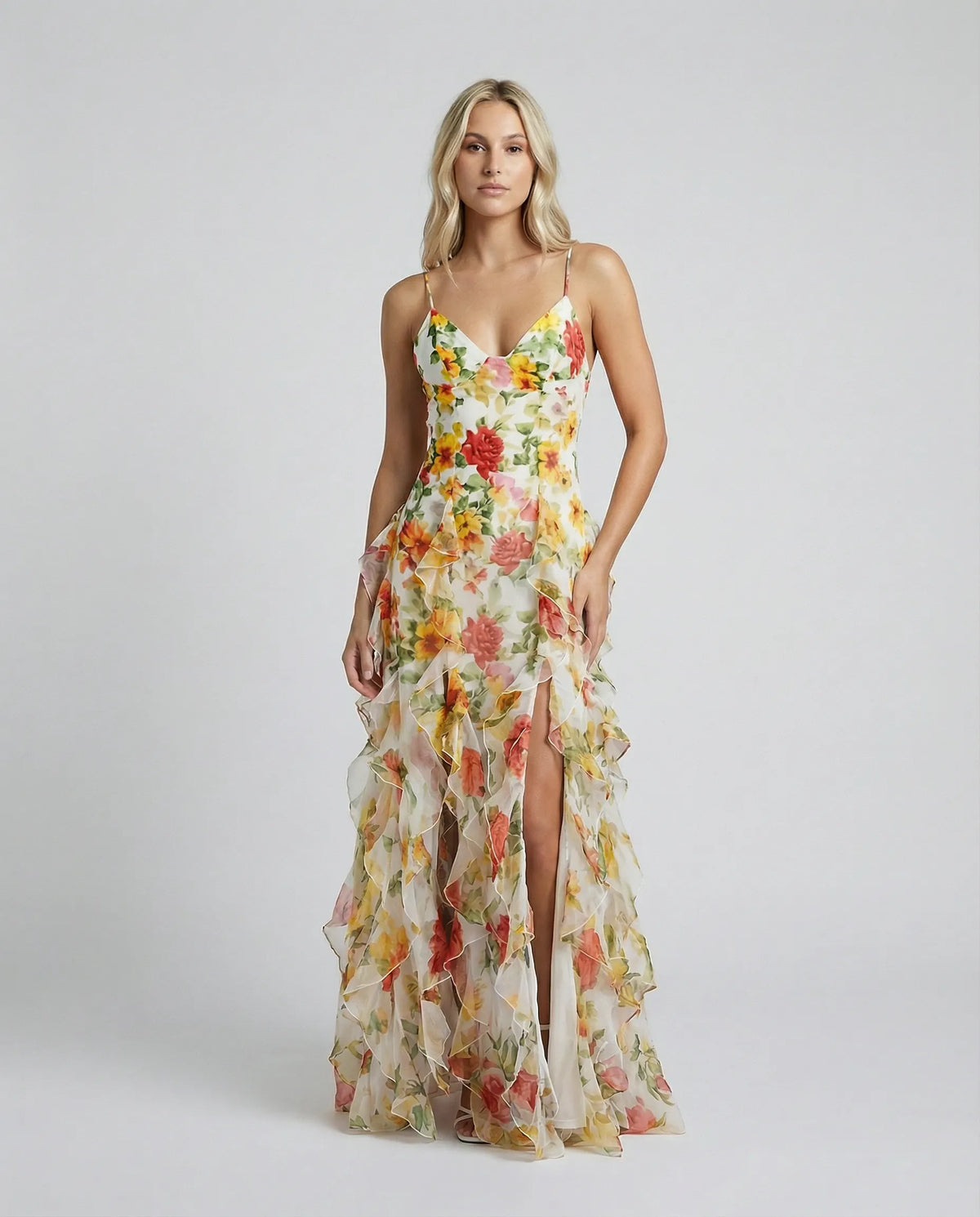 Floral Print Ruffle High Slit Mini Dress - Red Flowering Girl