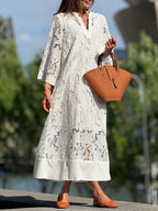 Flower Lace V-Neck Bell Sleeve Loose Midi Dress Flowering Girl