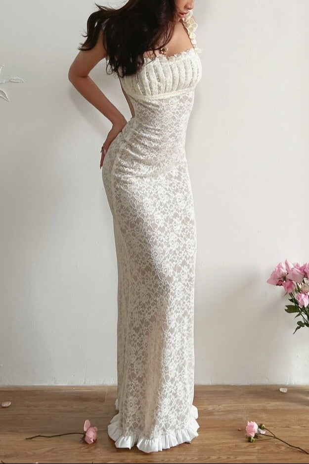 Georgia Lace Bodycon Slip Maxi Dress In White Flowering Girl