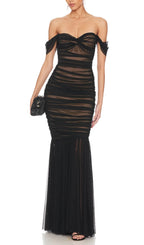 Off Shoulder Mesh Ruched Maxi Dress Flowering Girl