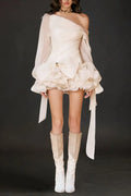 Apricot Ruffle Diagonal Long Sleeve Mini Dress Flowering Girl