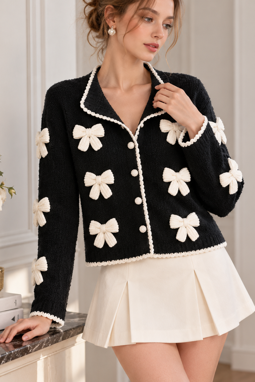 Black Medium-Weight Wool-Blend Knit Boxy, Straight Cardigan Flowering Girl