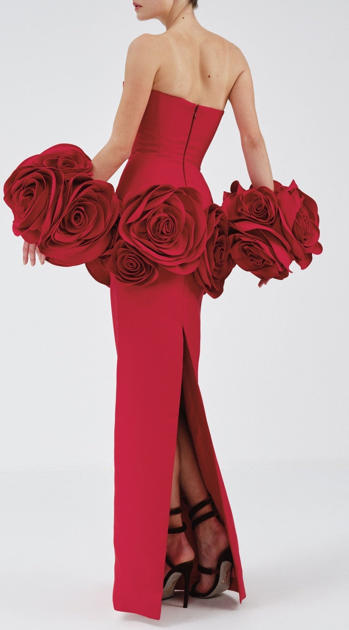 Sherise Floral Appliqué Strapless Maxi Bandage Dress - Red Flowering Girl