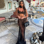 Lace Skirt Set With Waist Chain In Black Flowering Girl