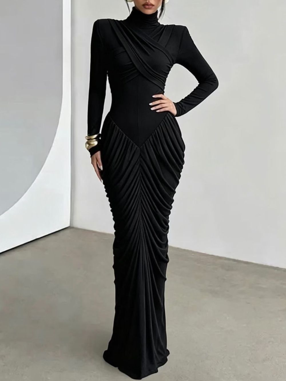 Long Sleeve Draped Maxi Dress Flowering Girl