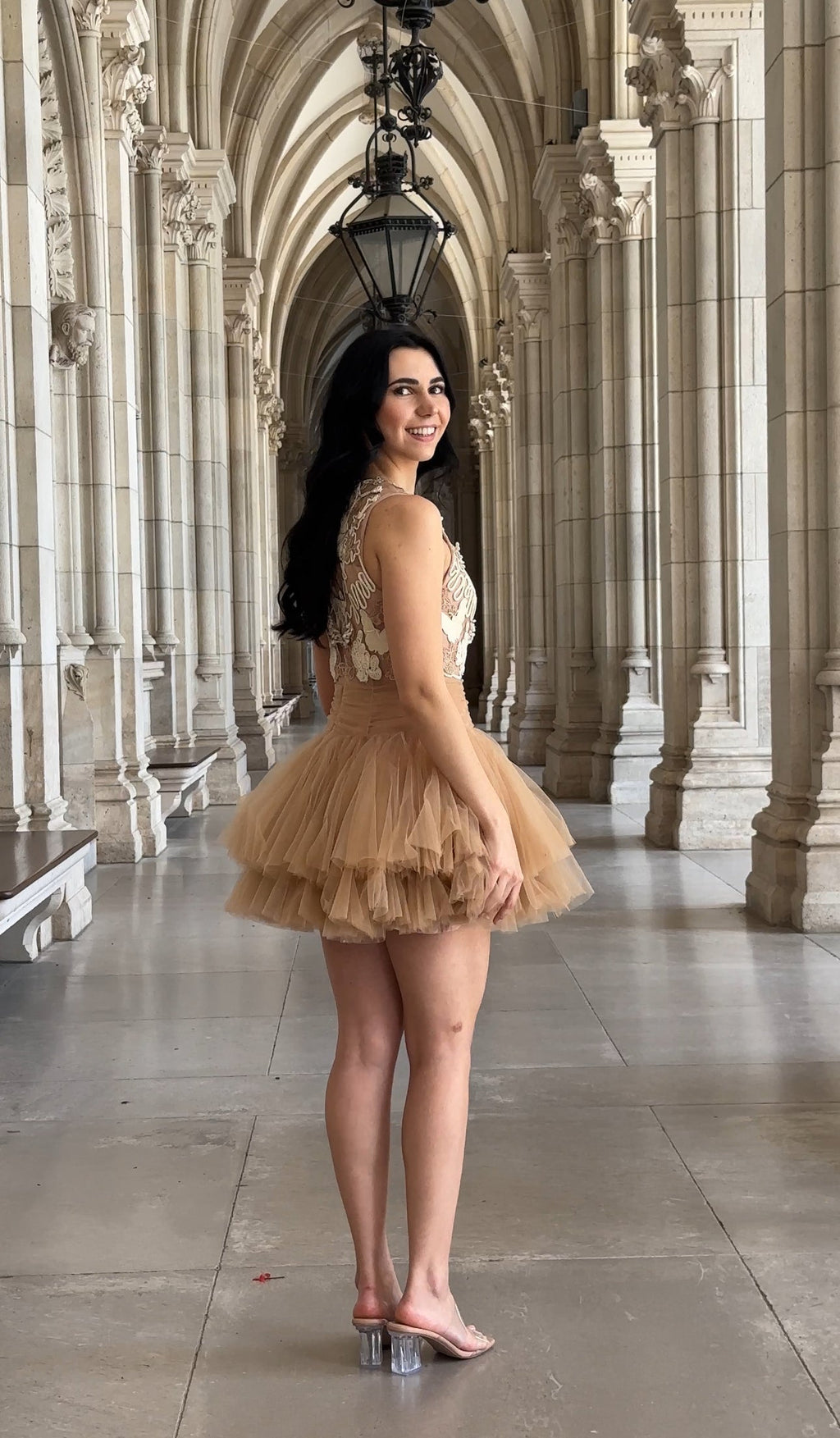 Ballerina | Beige Tulle Mini Dress With 3D Applique Flowering Girl