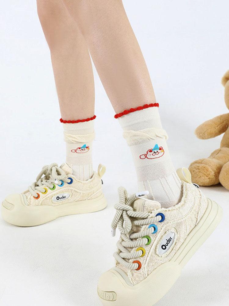 Cartoon Little Red Flower Striped Socks Flowering Girl