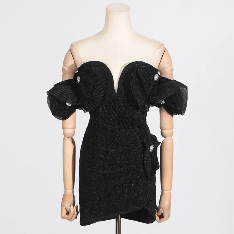 Carly Black Ribbed Flower Mini Dress Flowering Girl