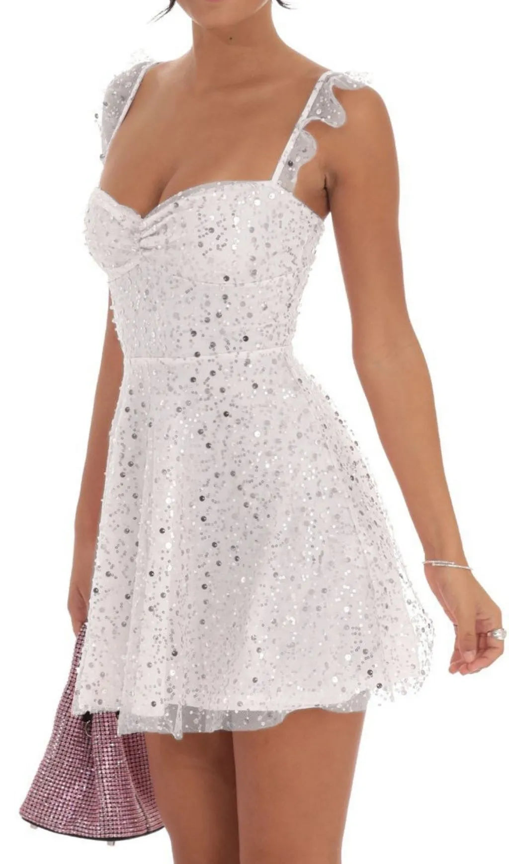 Sequin White Tulle Skater Mini Dress With Ruffled Straps Flowering Girl