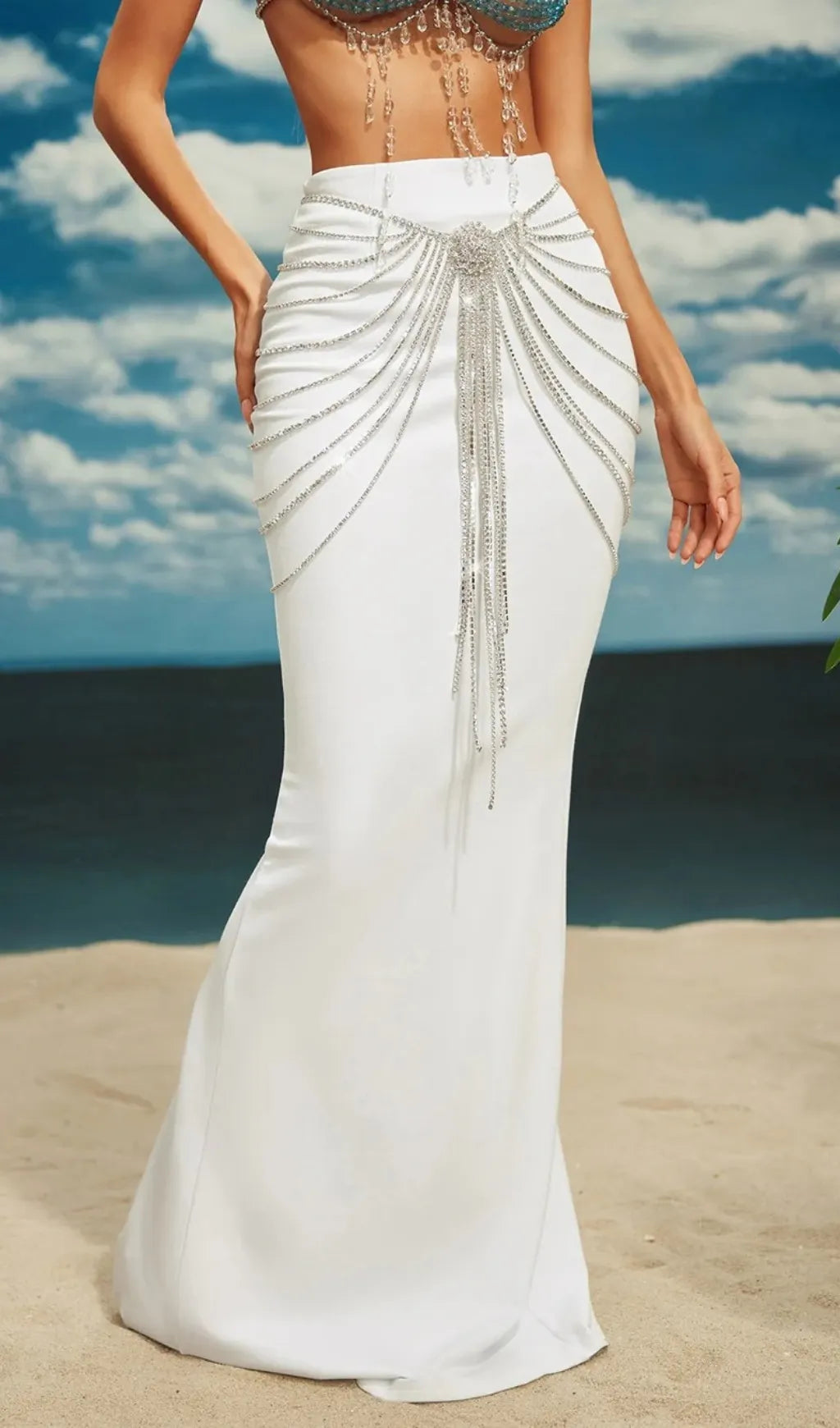 Carrick Crystal Body Chain Skirt In Silver Flowering Girl