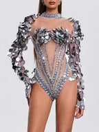 Havily Long Sleeve Sequin Mesh Bodysuit Flowering Girl