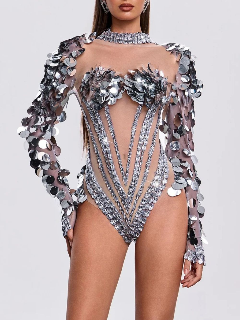 Havily Long Sleeve Sequin Mesh Bodysuit Flowering Girl