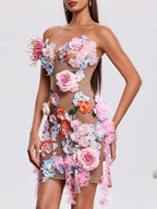 Jaldex Strapless Flower Mini Dress In Nude Flowering Girl
