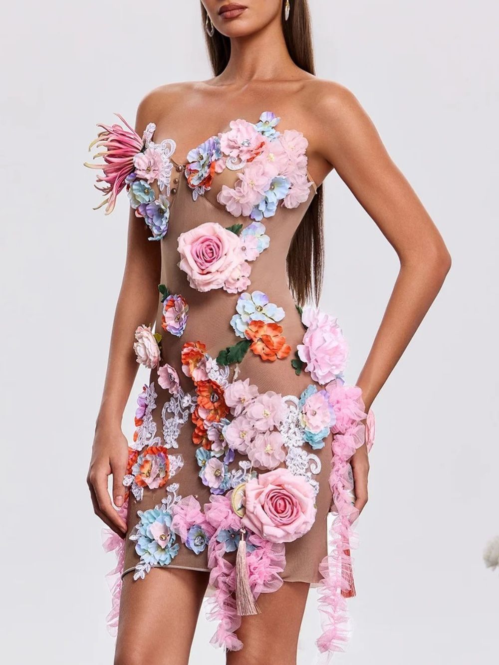 Jaldex Strapless Flower Mini Dress In Nude Flowering Girl