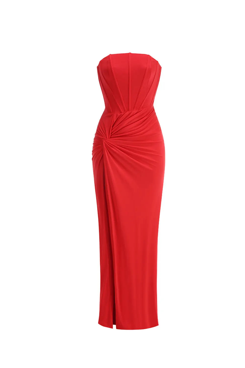pleated strapless high slit maxi dress in red Flowering Girl