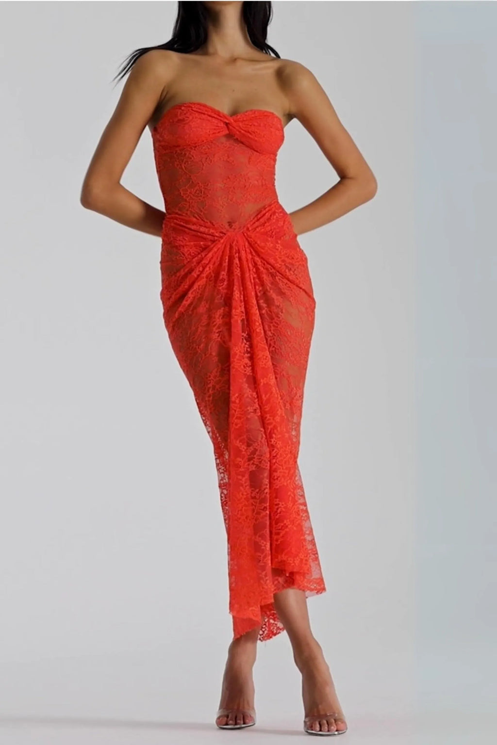 Strapless Twisted Lace Dress In Orange Flowering Girl