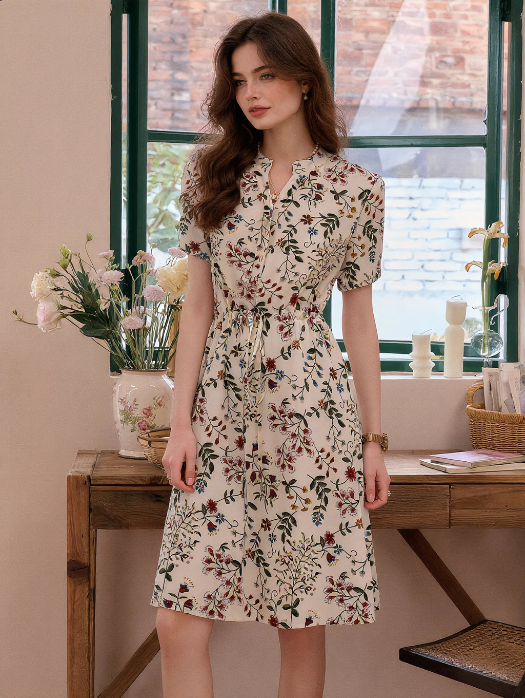 Sabrina V-Neck Printed Drawstring Chiffon Dress Flowering Girl