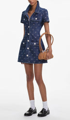 Denim Diamante Bow Collared Mini Dress Flowering Girl