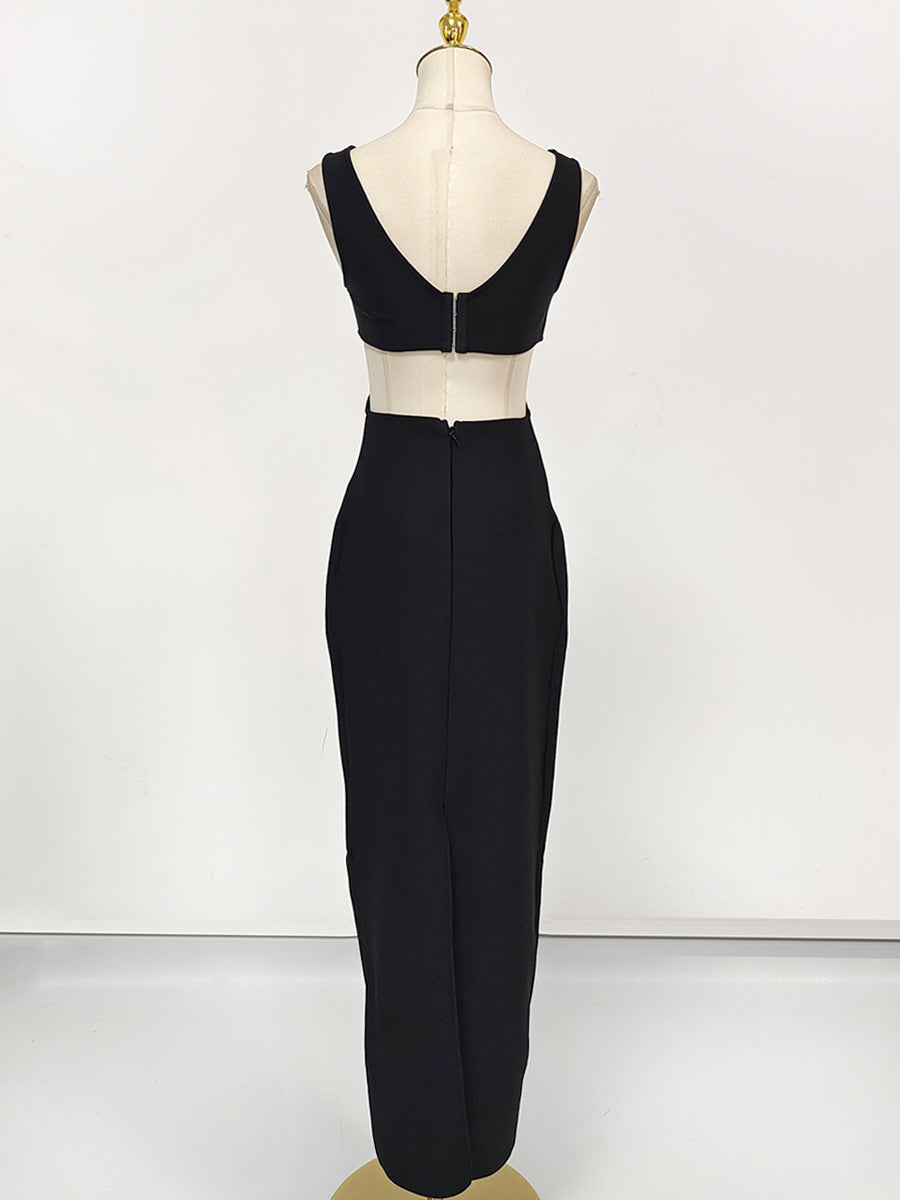 Flower V-Neck Hollow Out Maxi Dress In Black Flowering Girl
