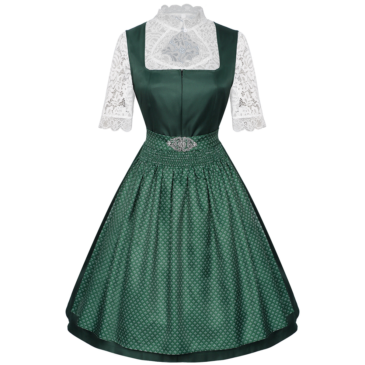 Dark Green Satin-Finish Polyester Or Silk Blend Fit-And-Flare Dirndl Set Flowering Girl