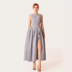 Sleeveless Pleated Slit Midi Dress In Gray Flowering Girl
