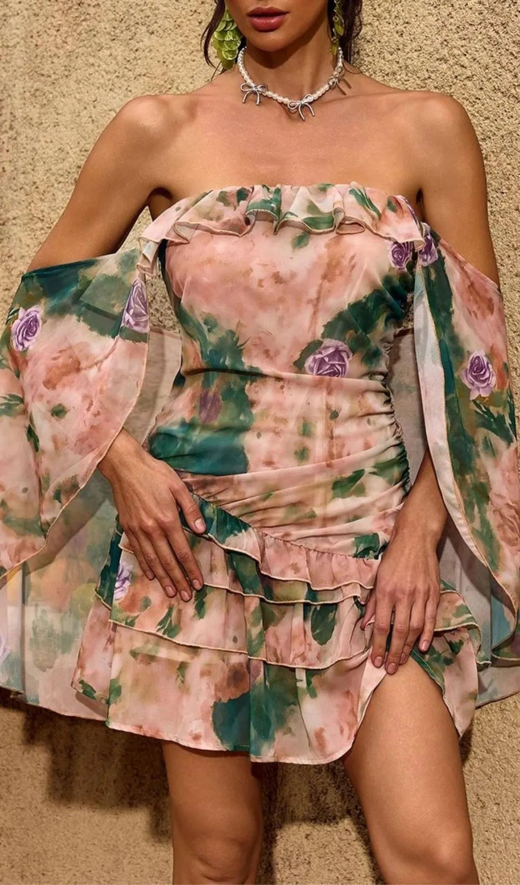 Chelan Cape Ruffle Floral Mini Dress Flowering Girl