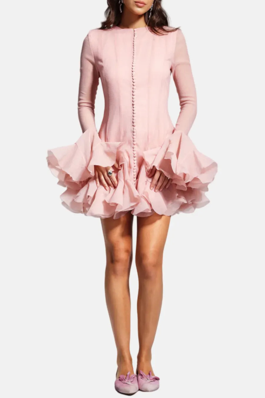 Alberta Semi-Sheer Ruffle Mini Dress - Pink Flowering Girl