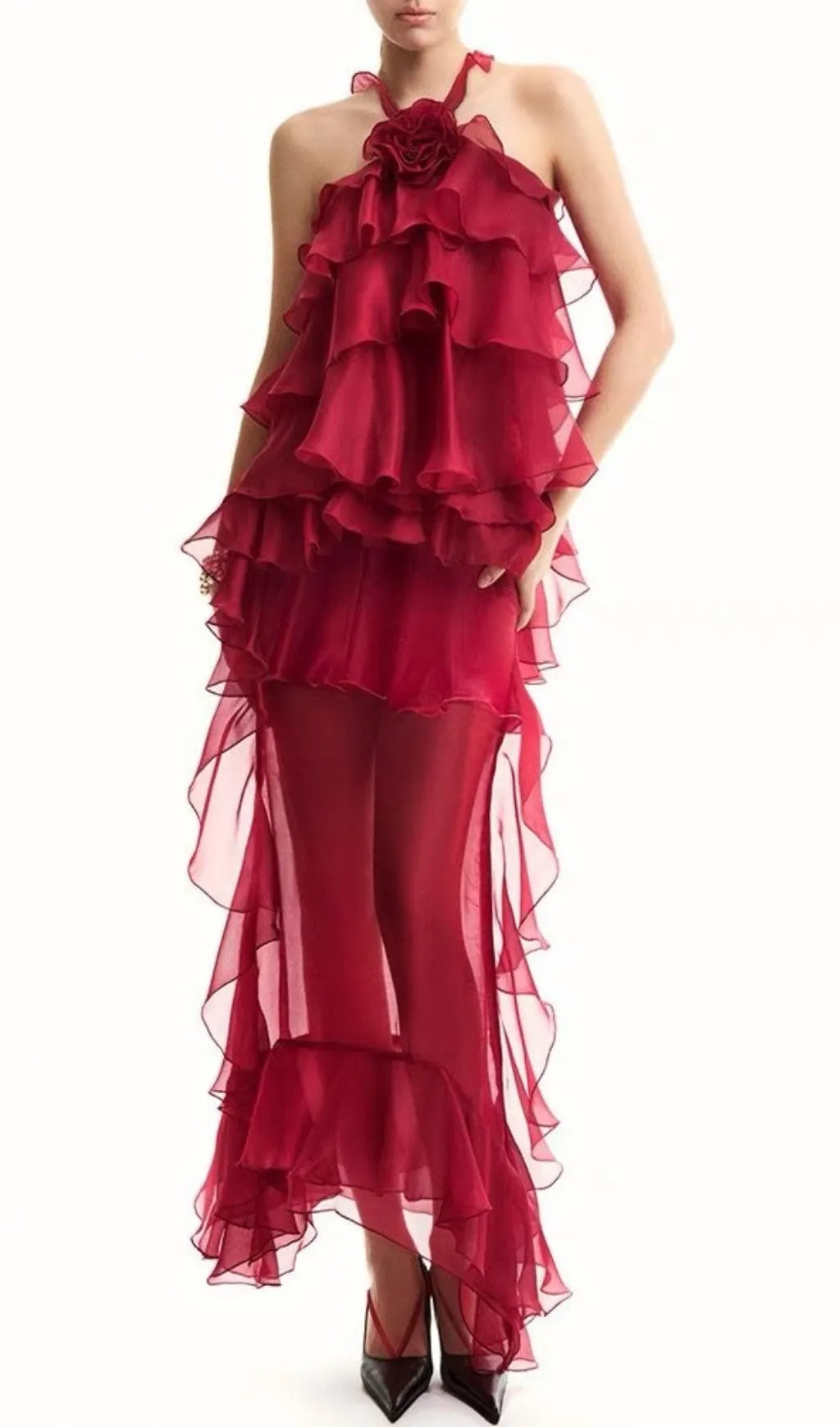 Eleri Red Flower Ruffle Maxi Dress Flowering Girl
