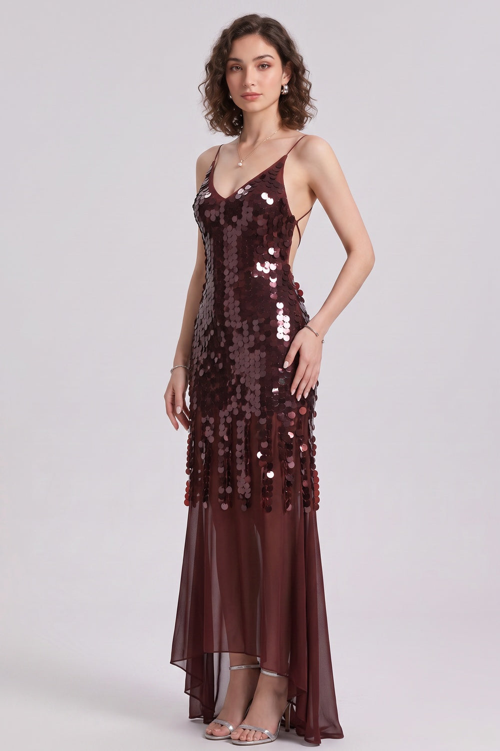 Burgundy Sequined Mesh Sheath with Flared Sheer Lower Skirt Evening Dress Flowering Girl